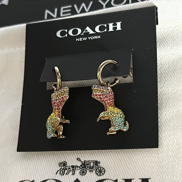 Coach Rexy Pavé Rexy Huggie Earrings Rainbow Crystal Gold Dangle Dinosaur Hoops - Picture 4 of 7